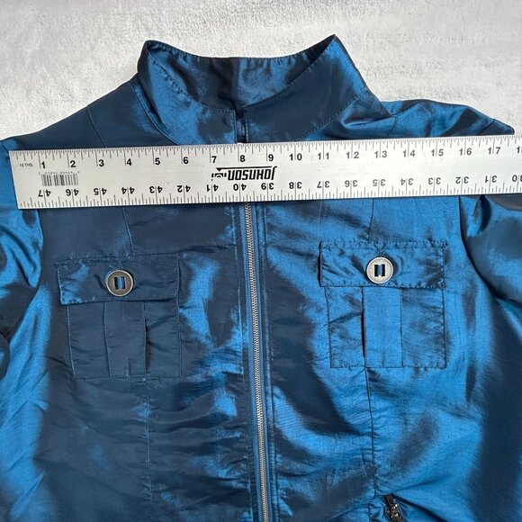 Chico's Womens Size 2 Blue Shimmer Zip Jacket Ruched Sleeve Lightweight Pockets - Picture 5 of 7